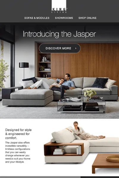 King Living email design introducing the Jasper sofa