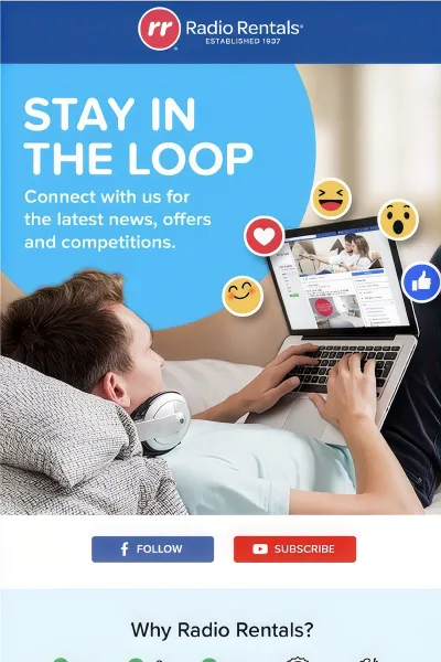 Radio Rentals email design inviting customers to follow on social media