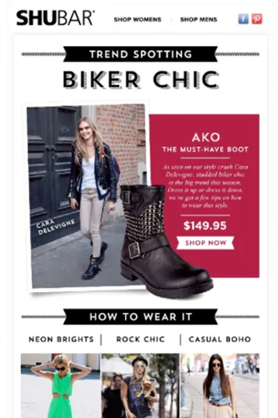 Shubar email design featuring a biker chic boot trend and styling guide