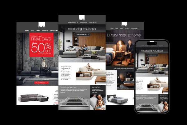King Living email designs on desktop and mobile, featuring a 50% off sale and the Jasper sofa launch.