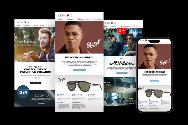 OPSM email designs on desktop and mobile, featuring Oakley, Persol and Ray‑Ban eyewear campaigns.