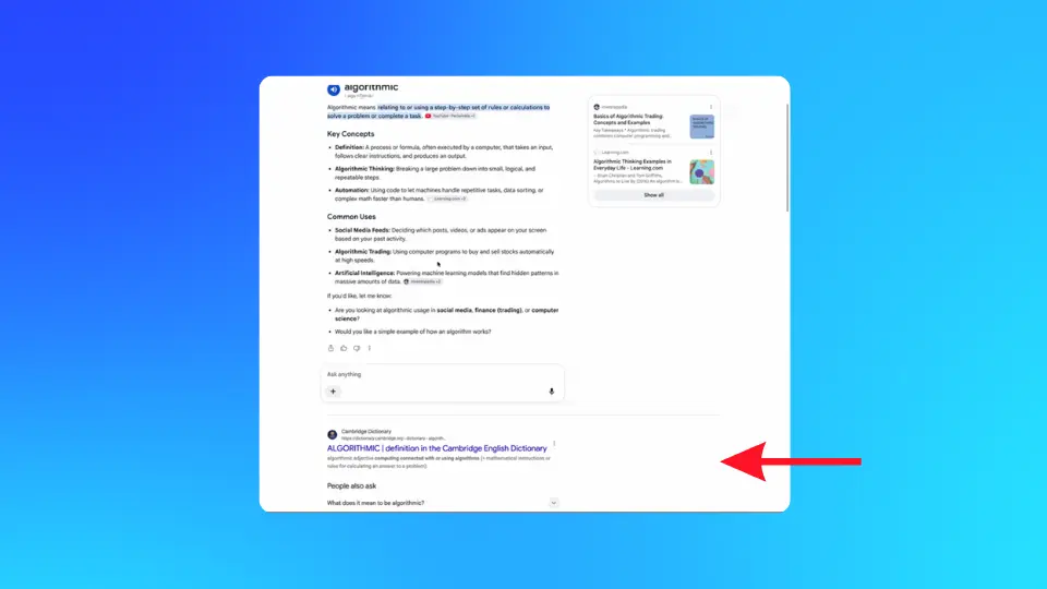 Expanded Google AI Overview pushing traditional organic search results further down the search results page.