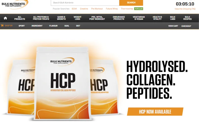Bulk Nutrients online store homepage promoting its Hydrolysed Collagen Peptides range with product category navigation.