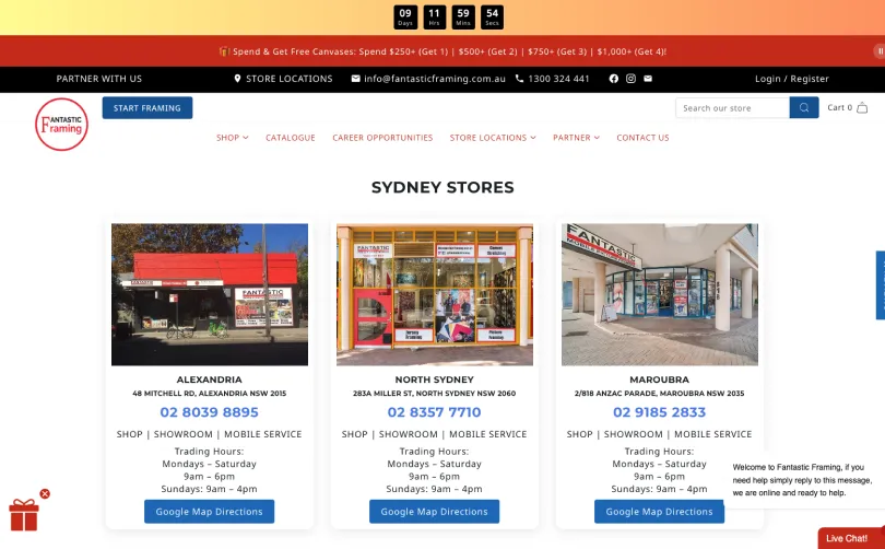 Fantastic Framing website showing its Sydney store locations at Alexandria, North Sydney and Maroubra with contact details and trading hours.