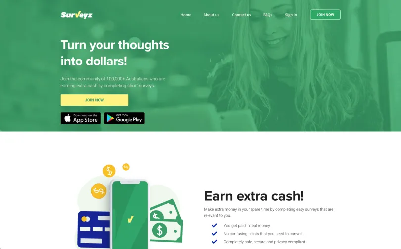 Surveyz homepage inviting Australians to join over 100,000 members earning extra cash by completing short surveys.