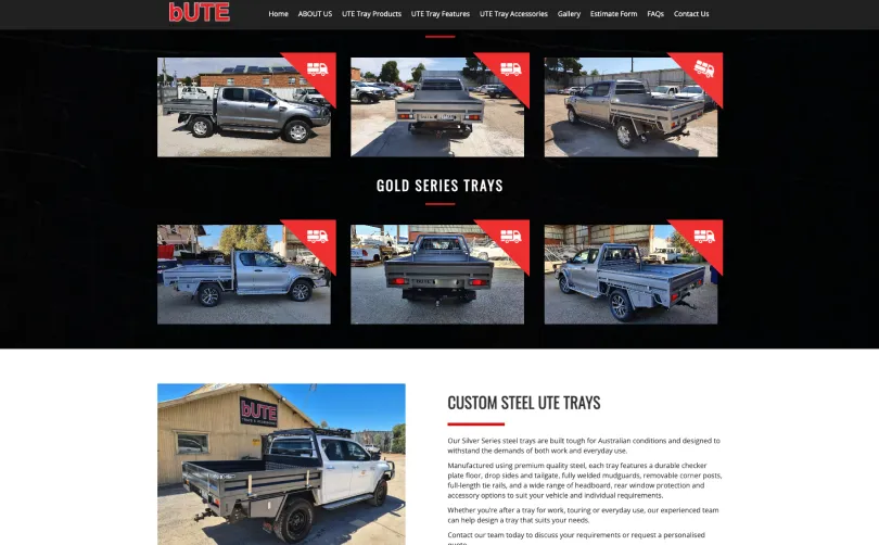 bUTE Total Tray Solutions website showing the Gold Series trays gallery and custom steel ute trays page