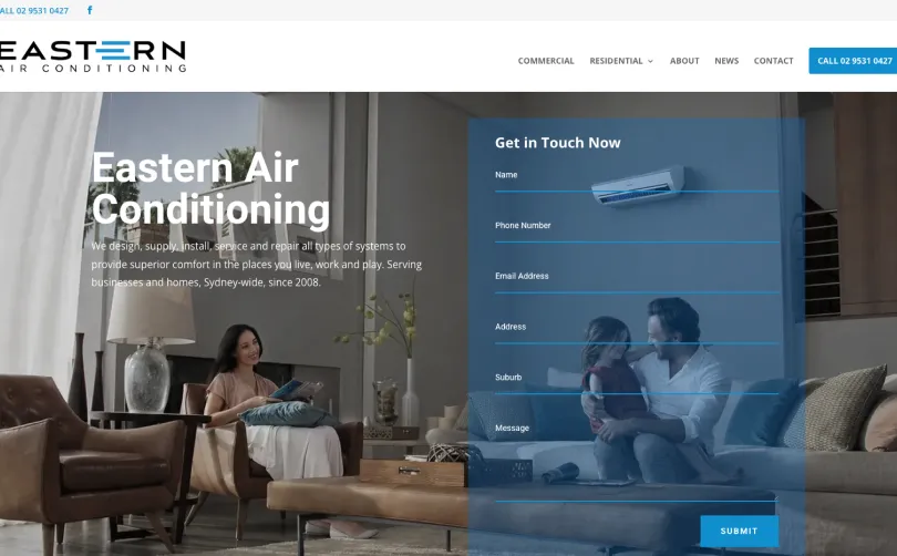 Eastern Air Conditioning homepage with a Get in Touch enquiry form, serving homes and businesses across Sydney since 2008