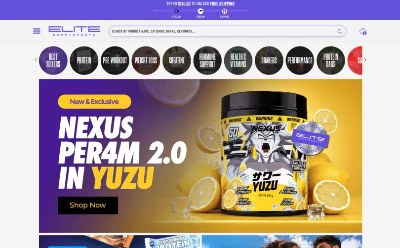 Elite Supplements website homepage with product category navigation and a hero banner promoting Nexus Per4m 2.0 in Yuzu flavour.