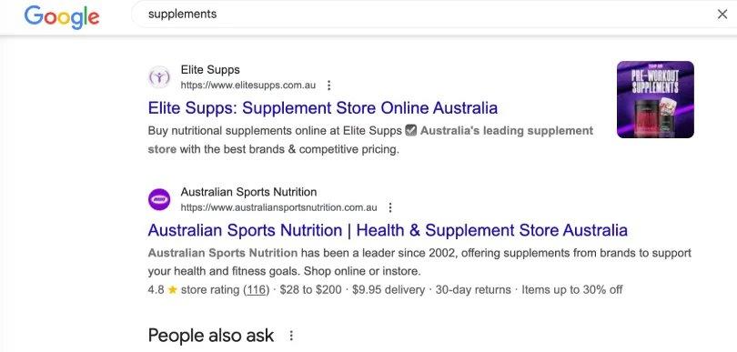 Google search results for "supplements" showing Elite Supps ranking first in Australia, above Australian Sports Nutrition.