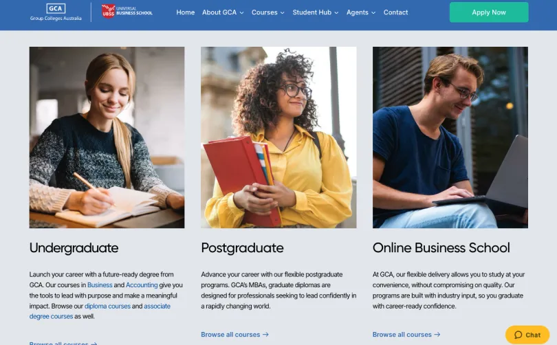 Group Colleges Australia website showing undergraduate, postgraduate and online business school course options