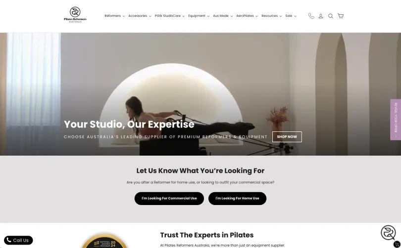 Pilates Reformers Australia homepage showing the Your Studio, Our Expertise hero banner and shop options for commercial and home use