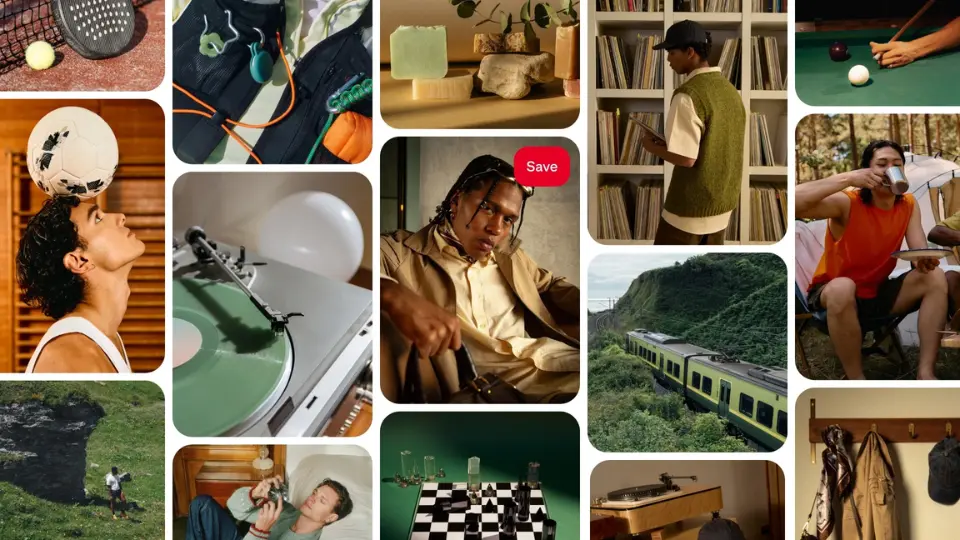 Pinterest feed featuring men's fashion, grooming, hobbies, travel and lifestyle content