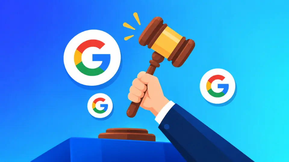 Illustration of Google logos and a judge's gavel representing manual action penalties, search engine optimisation guidelines and website content quality.