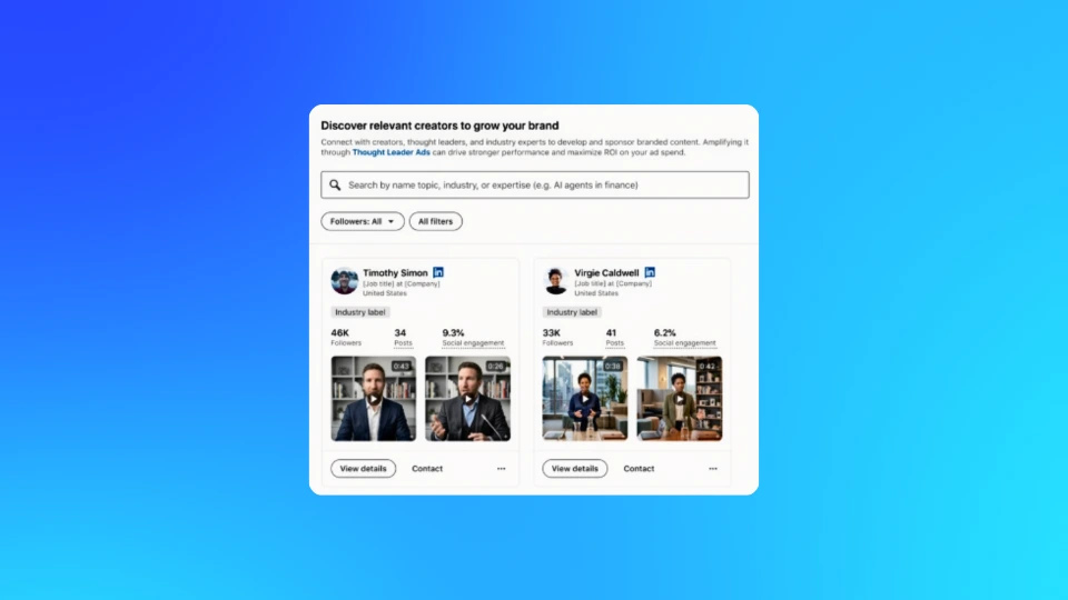 LinkedIn Creator Discovery interface showing creator profiles, audience engagement and industry filters for B2B influencer partnerships and LinkedIn advertising.