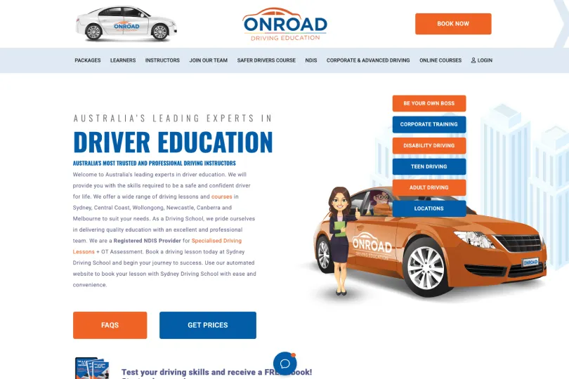 Onroad Driving Education homepage with the headline Australia’s leading experts in driver education