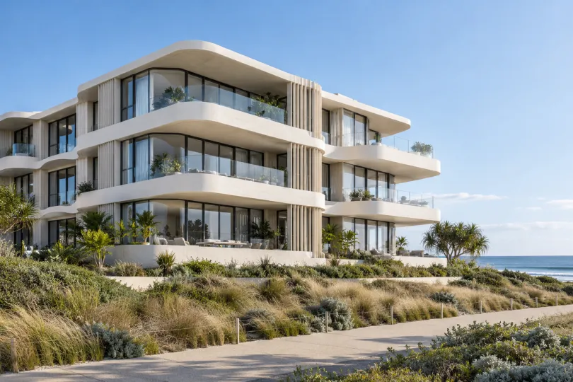 Curved white three storey beachfront apartment building with glass balconies beside coastal dunes and the ocean.