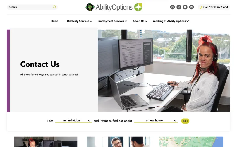 Ability Options website Contact Us page showing a staff member at a desk with a headset and a service enquiry dropdown