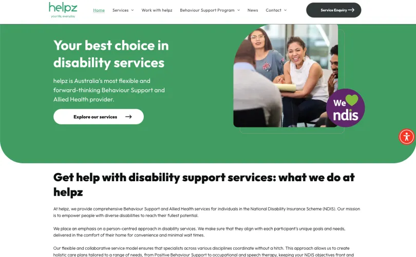 helpz website homepage with green hero banner reading "Your best choice in disability services" and NDIS registered provider badge
