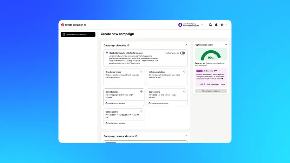Pinterest Performance+ campaign dashboard displaying AI-powered optimisation scores and recommendations for improving Pinterest advertising performance.