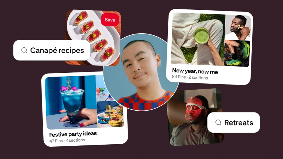 Pinterest boards featuring food, wellness and lifestyle inspiration, highlighting Q5 post-holiday marketing ideas and Pinterest advertising strategies.
