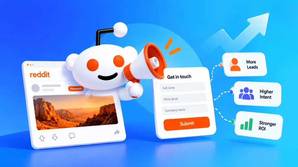 Reddit mascot with lead generation forms and campaign performance indicators illustrating new Reddit Ads tools for paid social advertising and qualified leads.