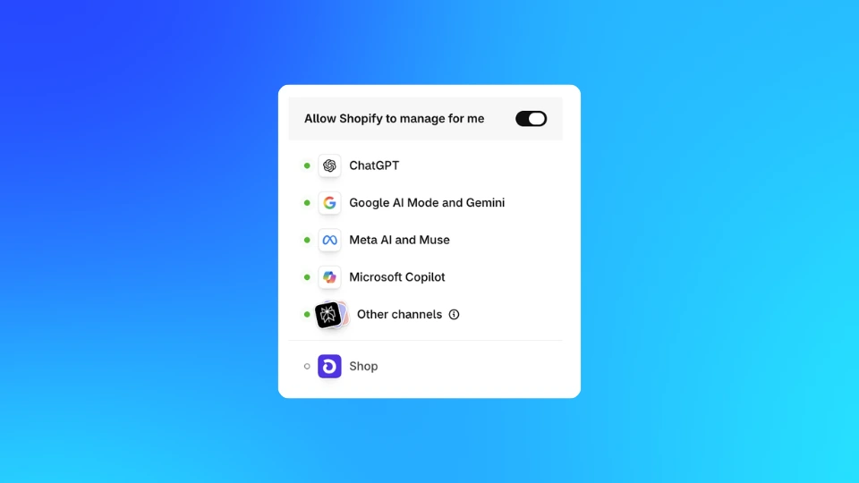 Shopify AI shopping channel settings showing ChatGPT, Google Gemini, Meta Muse and Microsoft Copilot integrations for AI search optimisation and online shopping.