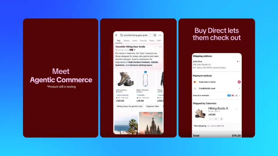 TikTok Agentic Commerce interface showing AI-powered product discovery and Buy Direct checkout features for TikTok advertising and ecommerce campaigns.