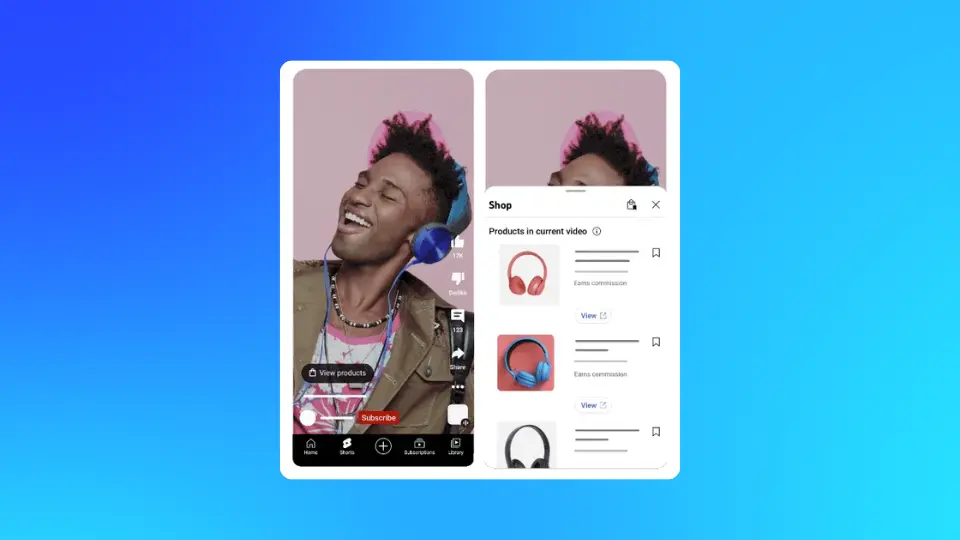 YouTube Shopping interface showing dynamic product tags and shoppable headphones within a video, highlighting new YouTube advertising features.
